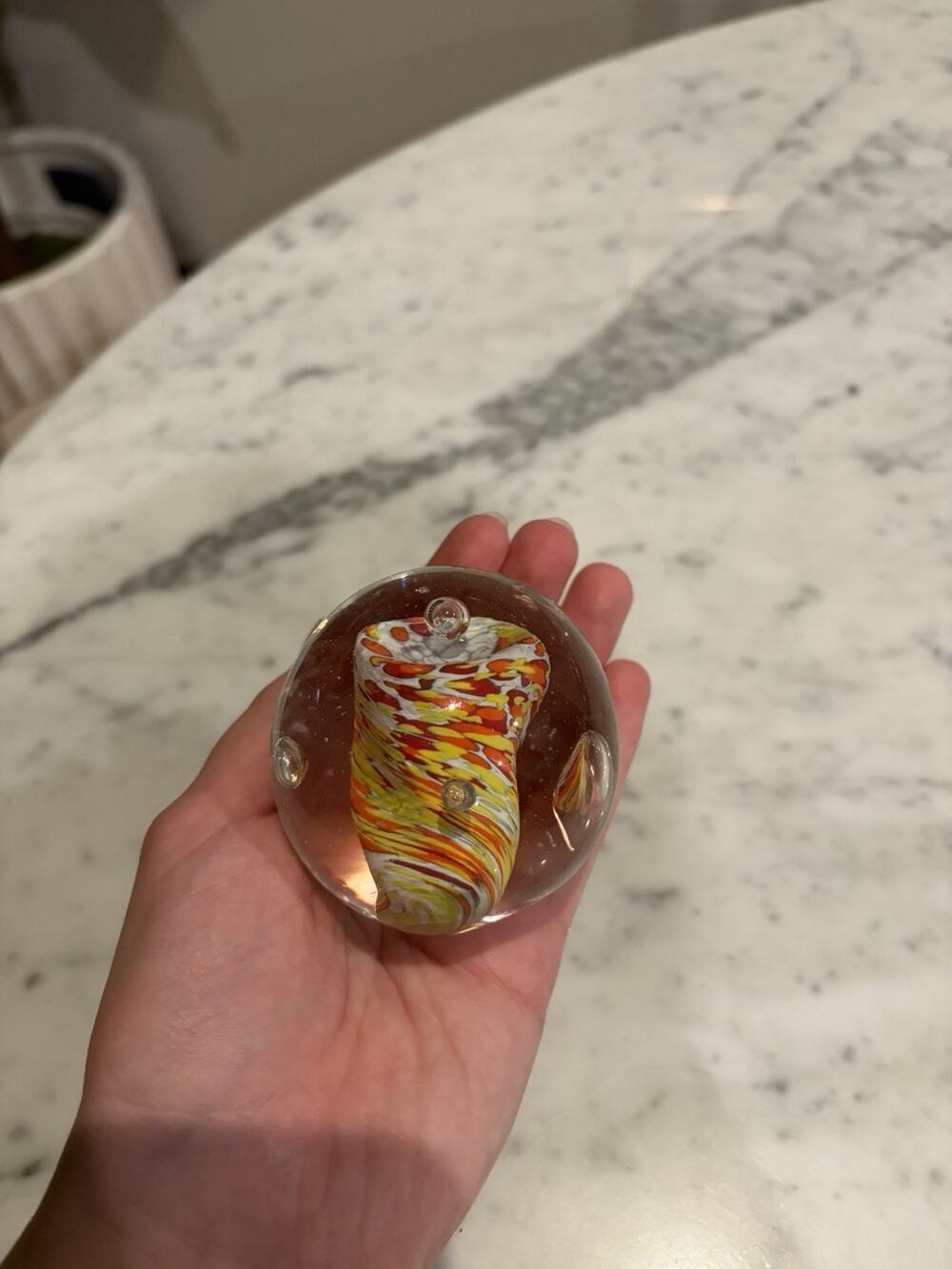Hand Blown Art Glass Swirl Paperweight Decorative Orange Yellow White Red